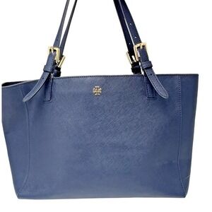 Tory Burch York Buckle Tote Navy Saffiano Leather Large Shoulder Bag Gold Logo